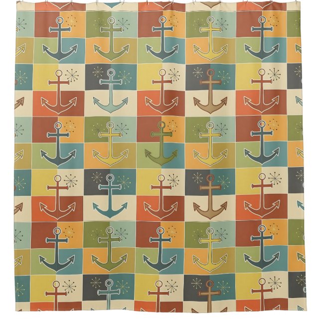 Retro Nautic Modern Anchor Pattern Duschvorhang (Vorderseite)