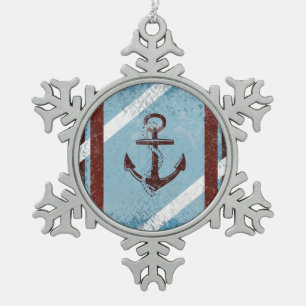 Retro Nautischer Anker Rot Blau Grunge Abgenutzt Schneeflocken Zinn-Ornament