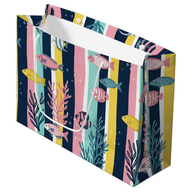 Retro-nautisches Aquarellmuster (7) Große Geschenktüte (Vorderseite Schrägansicht)