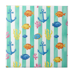 Retro-Nautisches Aquarellmuster (9) Fliese