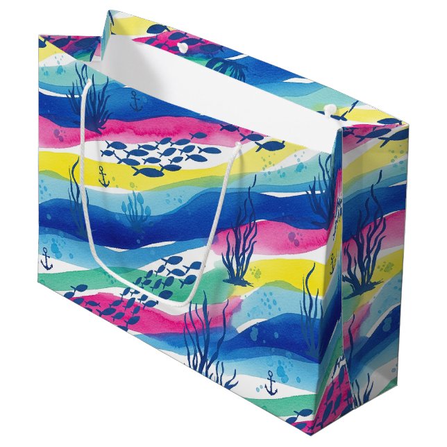 Retro-nautisches Wasserfarbmuster (3) Große Geschenktüte (Vorderseite Schrägansicht)