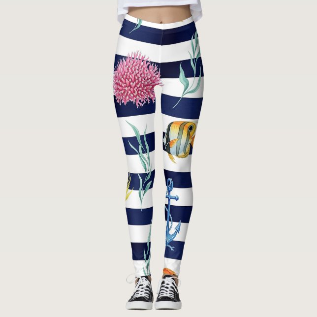 Retro-nautisches Wasserfarbmuster (8) Leggings (Vorderseite)
