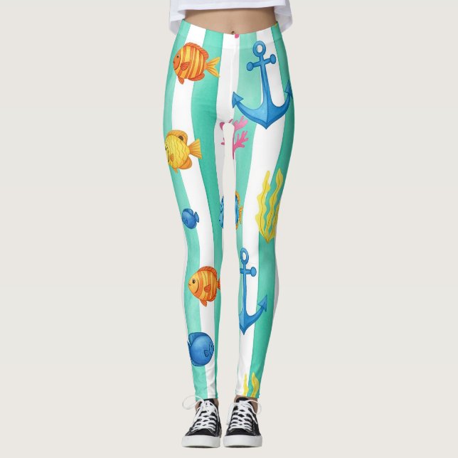 Retro-nautisches Wasserfarbmuster (9) Leggings (Vorderseite)