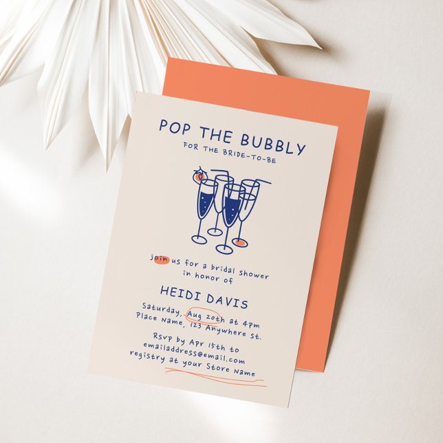 Retro Navy Blue Pop Das Bubbly Brautparty Einladung (Retro Navy Blue Pop The Bubbly Bridal Shower Invitation)