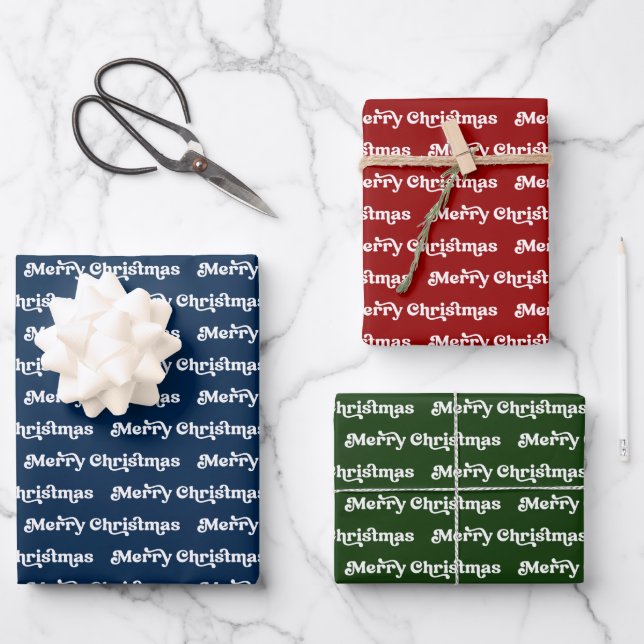 Retro Navy Blue, Red Green & White Frohe Weihnacht Geschenkpapier Set (Vorderseite)