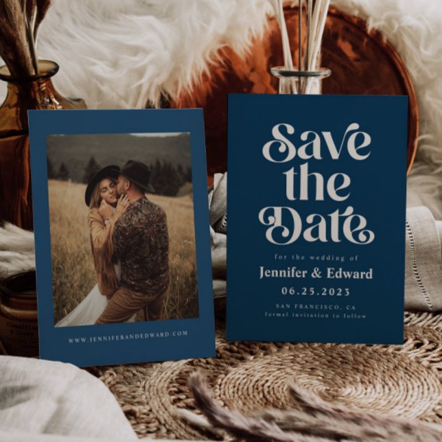 Retro Navy Blue Wedding Save The Date (Von Creator hochgeladen)
