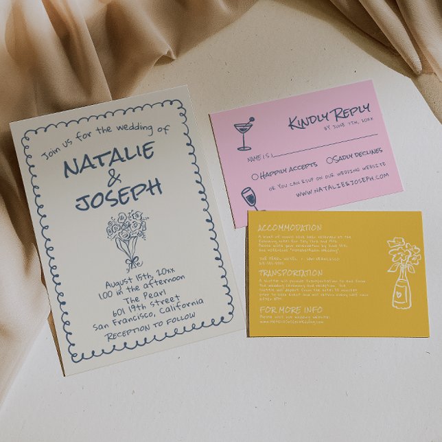 Retro Navy Hand Drawn geschrieben Funky Wedding Einladung (Von Creator hochgeladen)