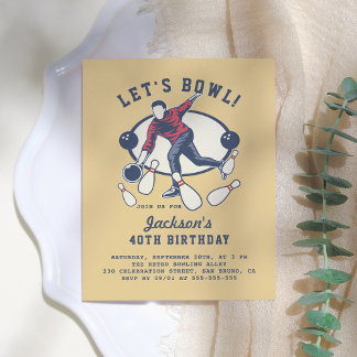 Retro Navy, Red & Senard Bowling Geburtstagspartei Einladungspostkarte