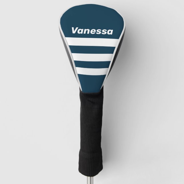 Retro Navy Three Across Striping with Name Golf Headcover (Vorderseite)