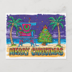 Retro Neon Beach Rettungsschwimmer Weihnachtsfeier Feiertagspostkarte