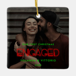 Retro Neon beleuchtet Erste Weihnachten verlobt Keramikornament