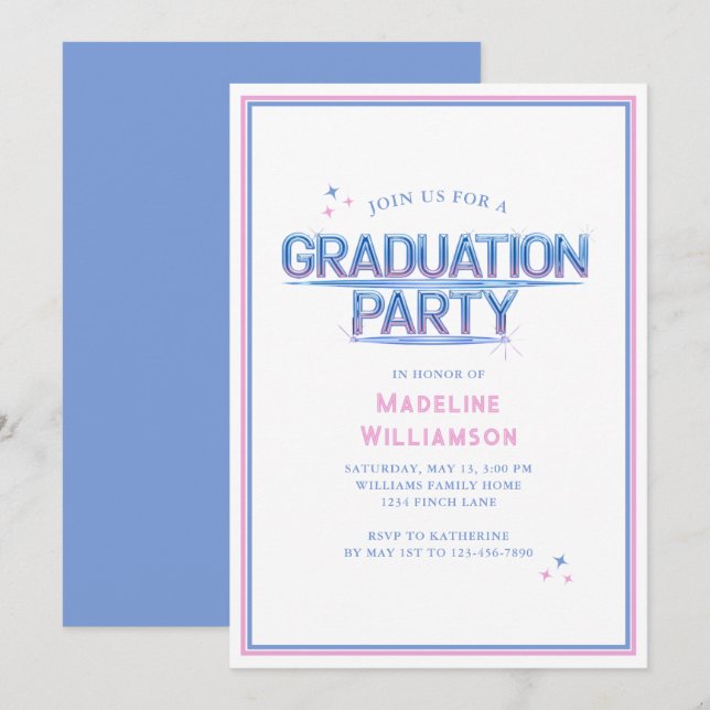 Retro Neon Blue Pink Graduation Party Einladung (Vorne/Hinten)