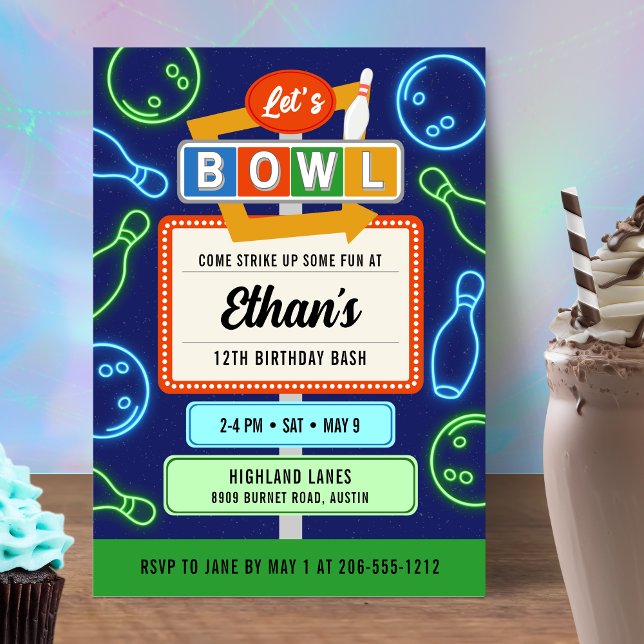 Retro Neon Bowling Einladung für Jungen zum Geburt (Retro Neon Bowling Invitation For Boy's Birthday Party)