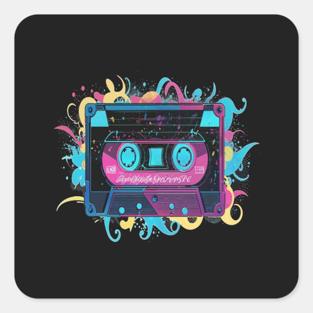 Retro Neon Cassette Tape mit lebhaftem Splash Quadratischer Aufkleber (Vorderseite)