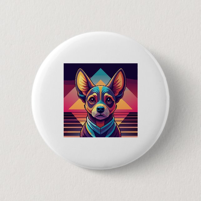 Retro-Neon-Chihuahua � Lebendige Synthwave-Hundeku Button (Vorderseite)
