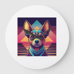 Retro-Neon-Chihuahua � Lebendige Synthwave-Hundeku Große Wanduhr