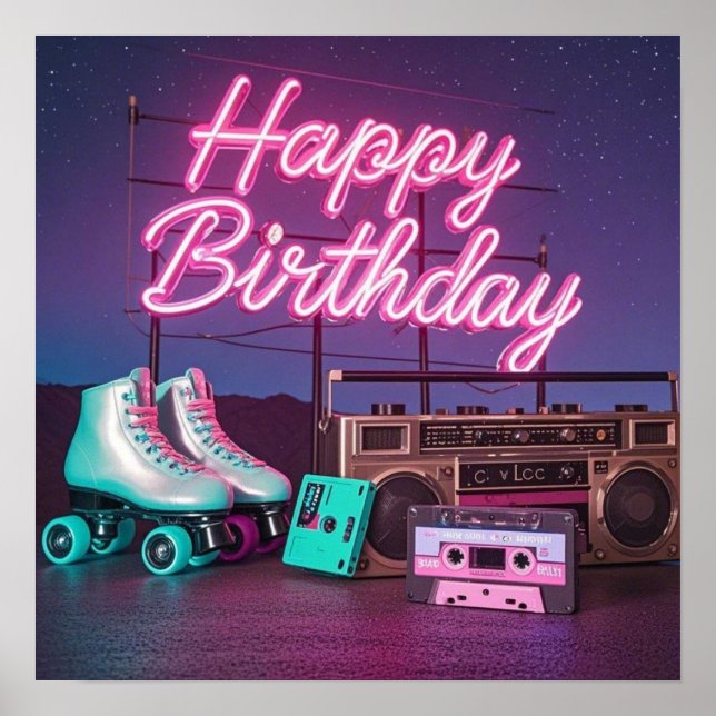 Retro Neon Happy Birthday Schild in rosa und aquam (Vorne)