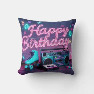 Retro Neon Happy Birthday Schild in rosa und aquam Kissen