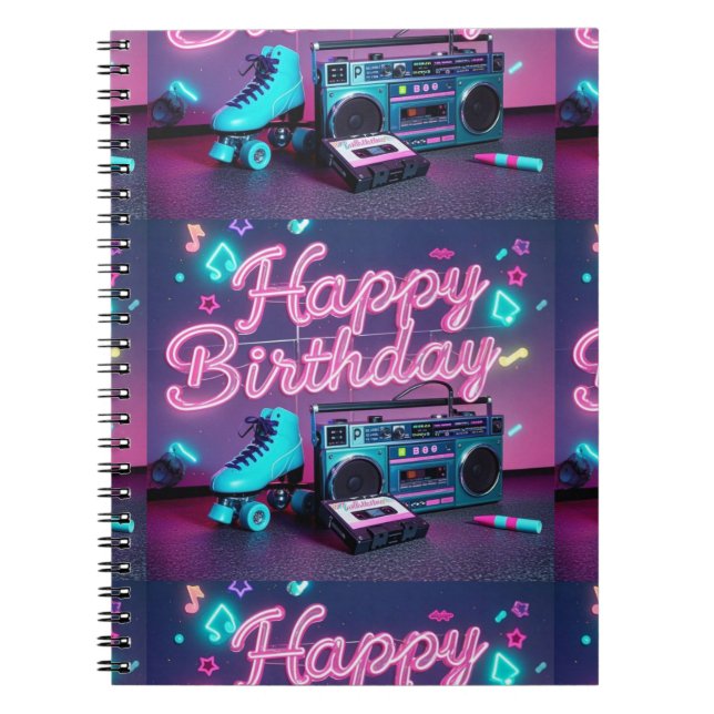 Retro Neon Happy Birthday Schild in rosa und aquam Notizblock (Vorderseite)