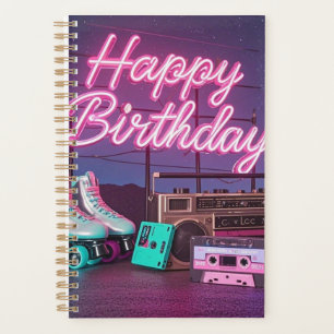 Retro Neon Happy Birthday Schild in rosa und aquam Planer