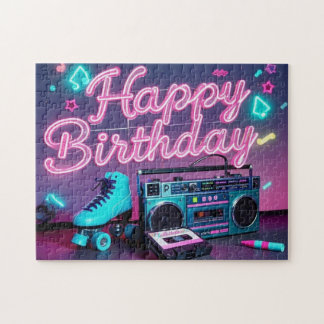 Retro Neon Happy Birthday Schild in rosa und aquam Puzzle