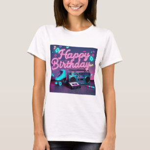 Retro-Neon-Happy-Birthday-Schild in Rosa und Türki T-Shirt