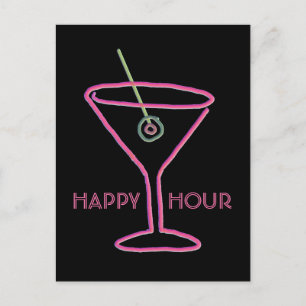 Retro Neon Martini Happy Hour Postkarte