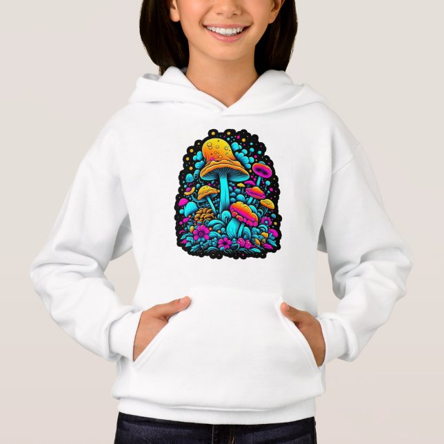Retro-Neon-Pilze und Blume Hoodie (Vorderseite)