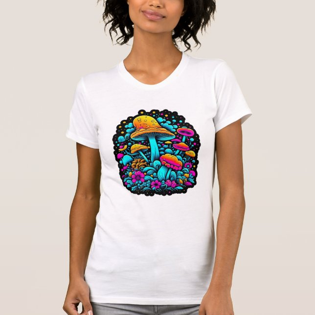 Retro-Neon-Pilze und Blume T-Shirt (Vorderseite)
