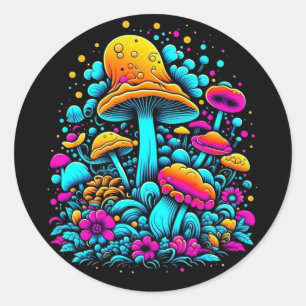 Retro-Neon-Pilze und -Blumen Runder Aufkleber