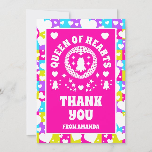 Retro Neon Queen of Hearts Birthday Danke Karte (Vorderseite)