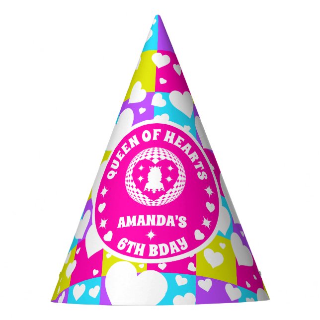 Retro Neon Queen of Hearts Geburtstag Partyhütchen (Vorderseite)