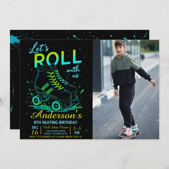 Retro Neon Roller Skate Birthday Photo Einladung (Vorne/Hinten)