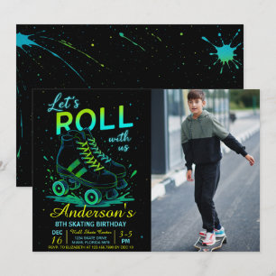 Retro-Neon-Rollschuh-Geburtstagsfoto Einladung
