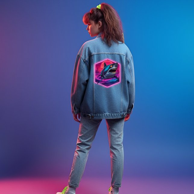 Retro Neon Shark Vaporwave Jeansjacke (Von Creator hochgeladen)
