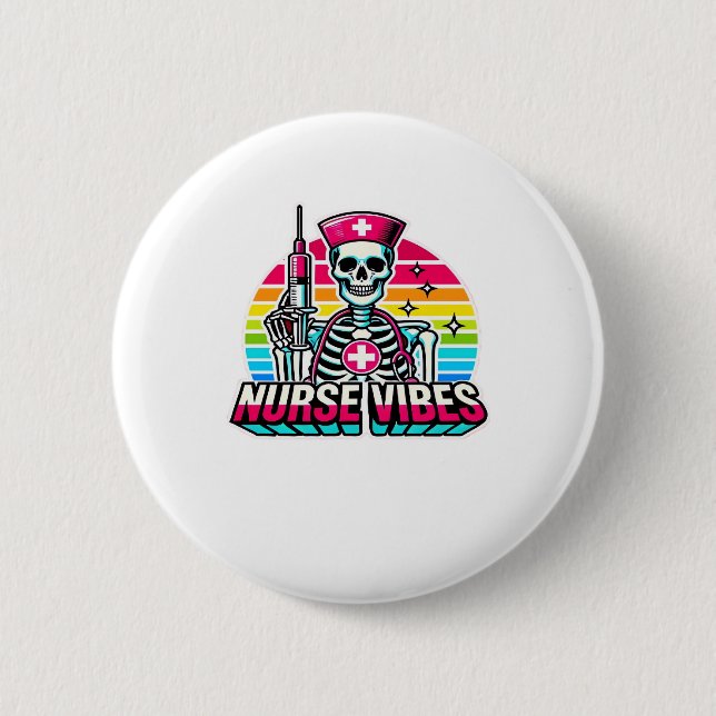 Retro Neon Skeleton Nurse � Funny Spooky Medical D Button (Vorderseite)