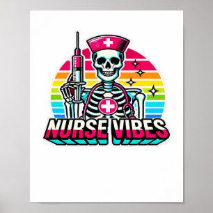 Retro Neon Skeleton Nurse - Funny Spooky Medical D Poster