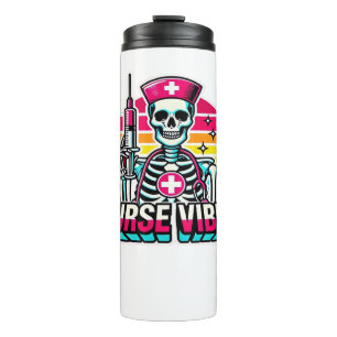 Retro Neon Skeleton Nurse - Funny Spooky Medical D Thermosbecher