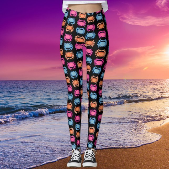 Retro Neon Style Pink 80s Ocean Crab Pattern Black Leggings (Von Creator hochgeladen)