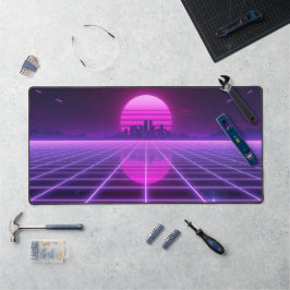 Retro-Neon-Synthwave-Unendlichkeit-Gitternetz-Hori Schreibtischunterlage