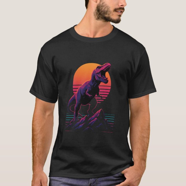 Retro Neon T-Rex Roar at Sunset T-Shirt (Vorderseite)