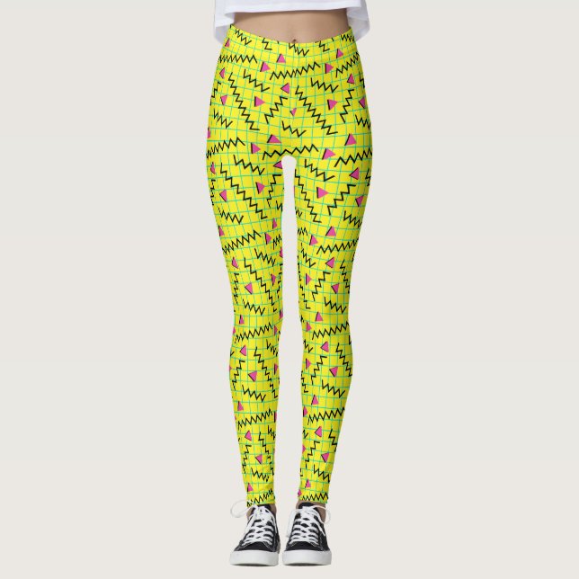 Retro Neon Yellow Doddle Pattern der 80er/90er Jah Leggings (Vorderseite)