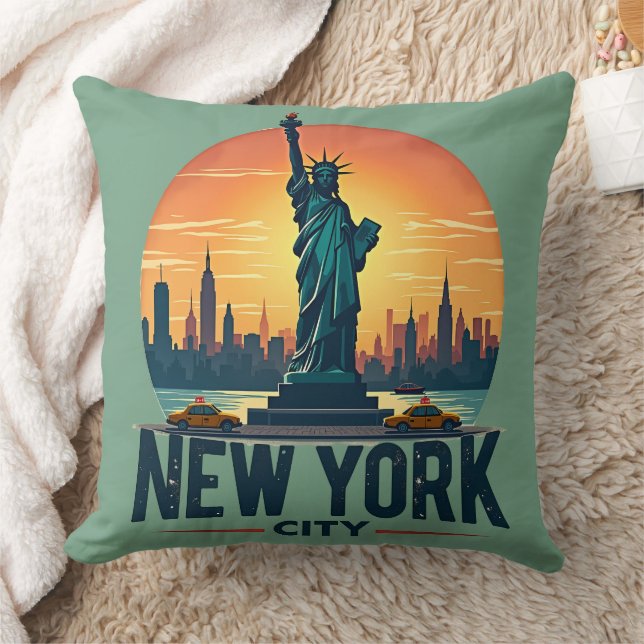 Retro New York City Skyline mit Freiheitsstatue Kissen (Decke)