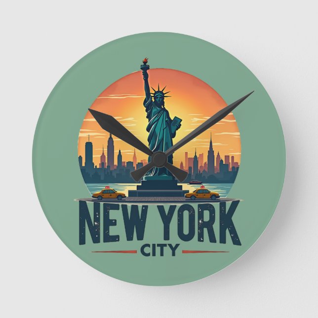 Retro New York City Skyline mit Freiheitsstatue Runde Wanduhr (Vorderseite)