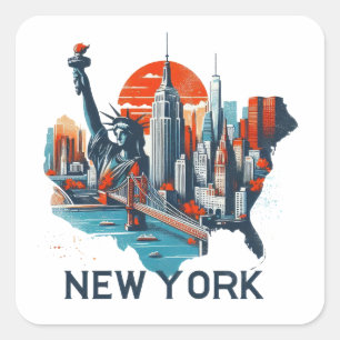 Retro New York Skyline Silhouette Quadratischer Aufkleber