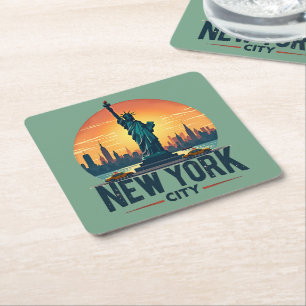 Retro New Yorker Skyline mit Freiheitsstatue Rechteckiger Pappuntersetzer