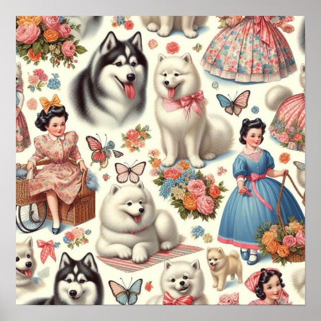 Retro Niedlich American Eskimo Nahtlos Poster (Vorne)