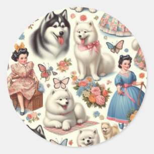 Retro Niedlich American Eskimo Nahtlos Runder Aufkleber