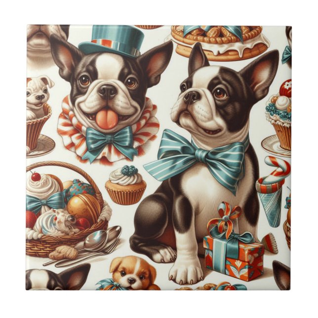 Retro Niedlich Boston Terrier Illustration Fliese (Vorderseite)