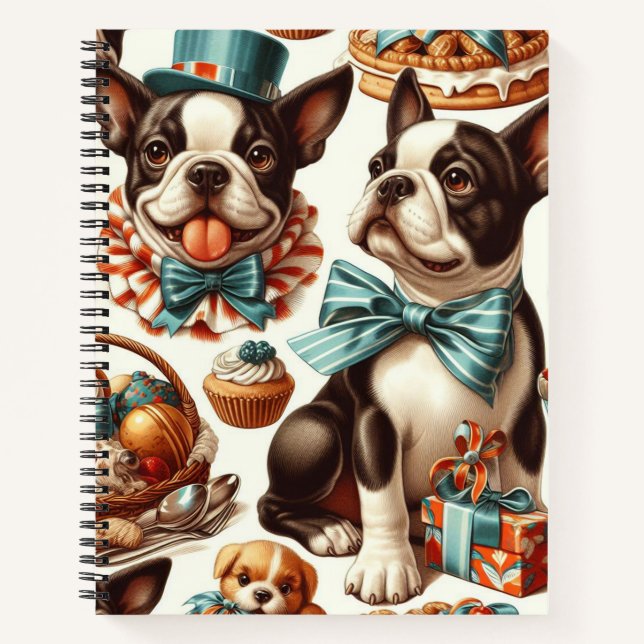 Retro Niedlich Boston Terrier Illustration Notizbuch (Vorderseite)